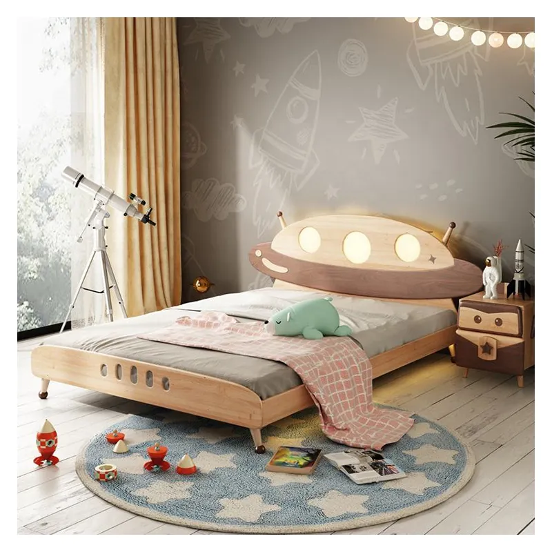 Spaceship Cartoon Lighted Headboard Wood Kids Furniture Bed For Children