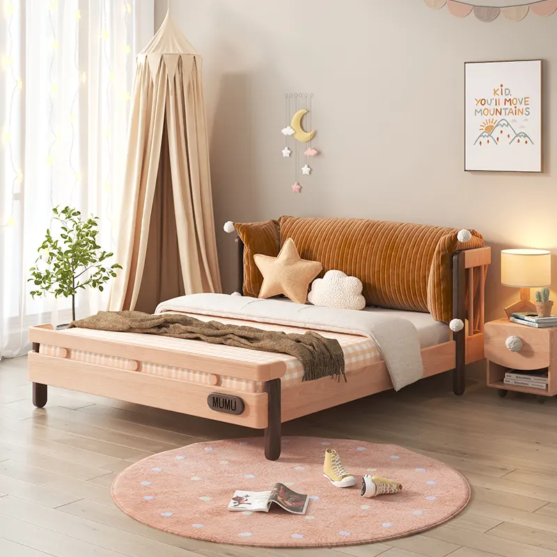 Concise style modern wooden beech solid wood boys single bedroom furniture kids' beds