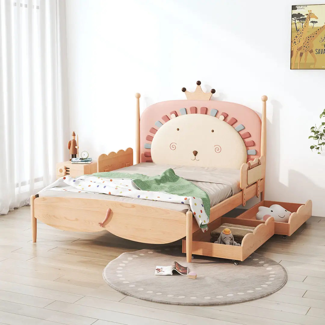 Creative cartoon lion headboard children double bed bedroom furniture wooden kid's bed