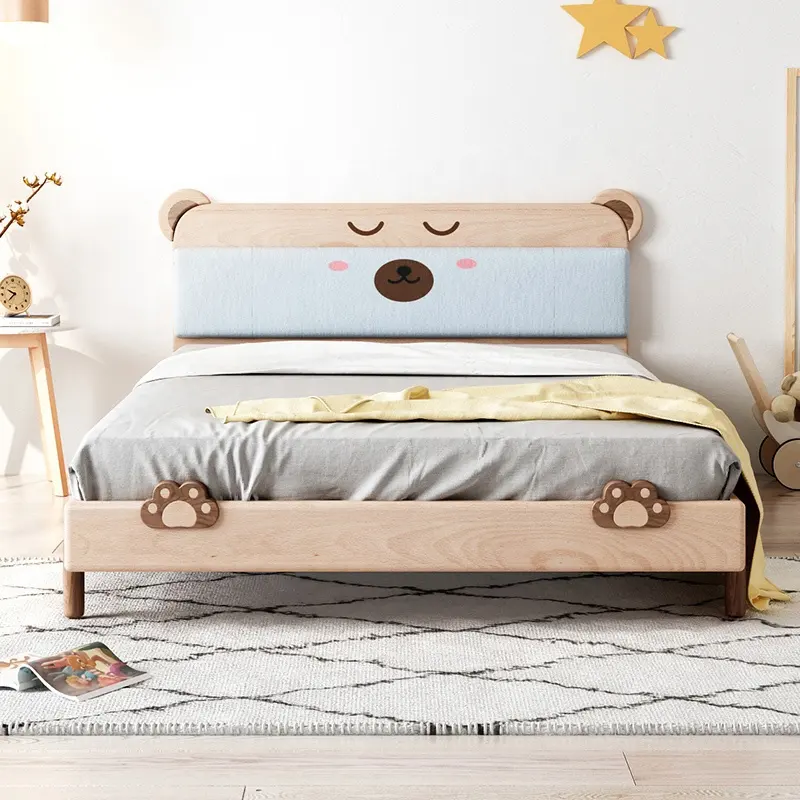 Cartoon Bear Design Headboard Solid Wood Bedroom Furniture Kids Bed Children Beds