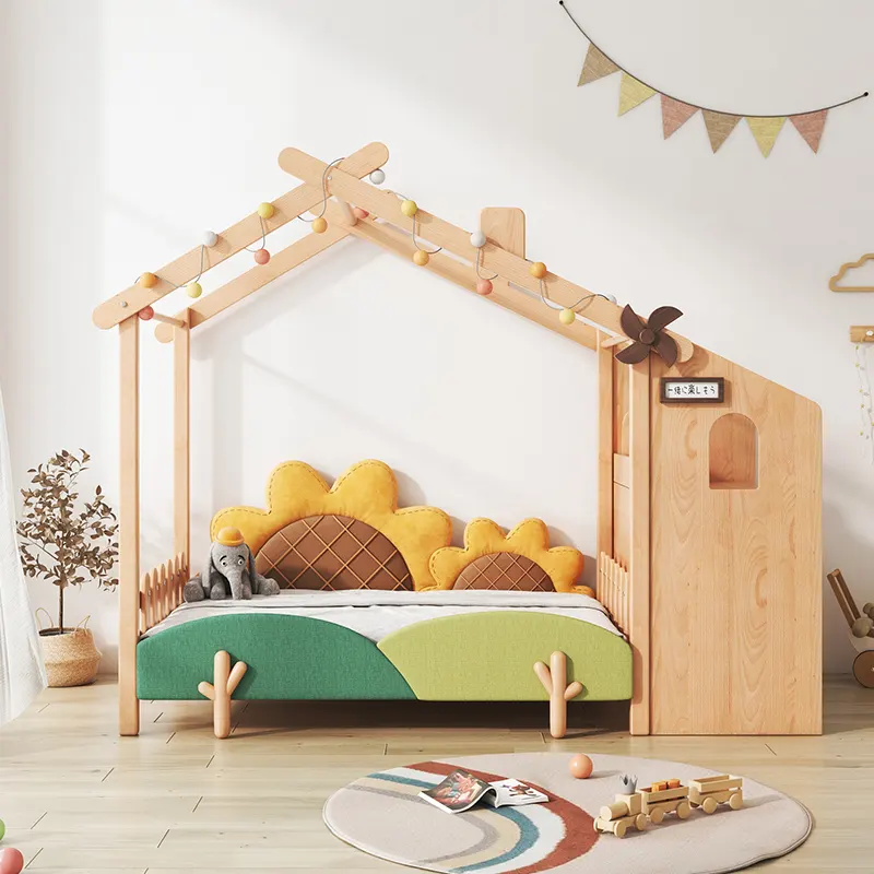 Simple House Shape Solid Wood Bedroom Furniture Adjustable Children Kids Beds with slide