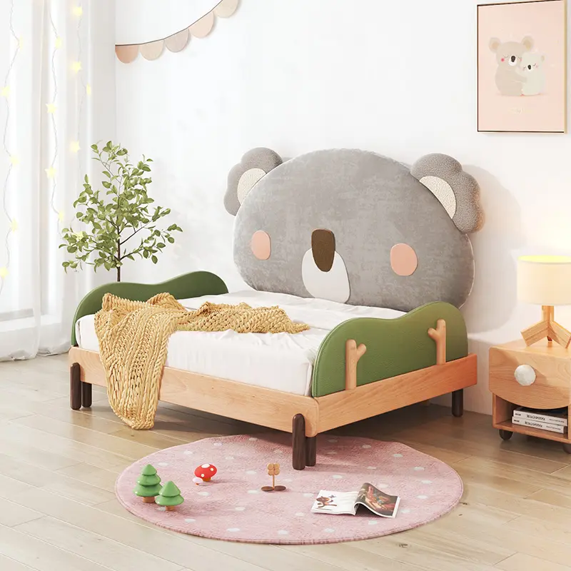 Cartoon Style Bear Headboard Adjustable Wood Frame Upholstered Kids Bed Children