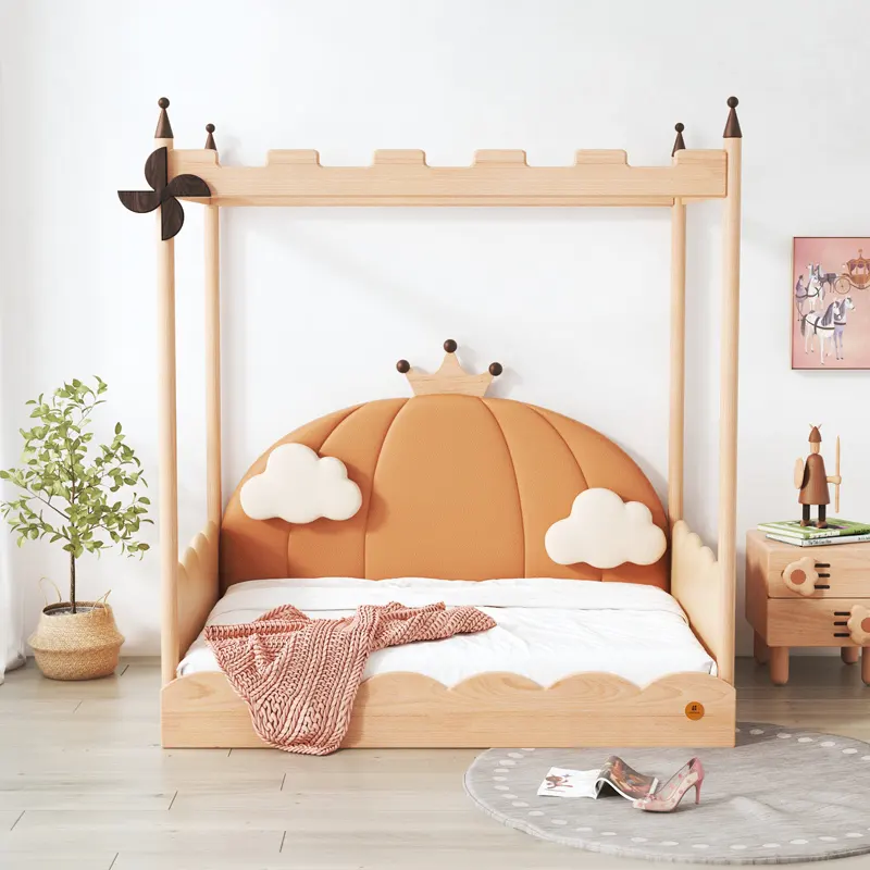 Funny Pumpkin Headboard Extendable Wood Frame Upholstered Kids Double Bed