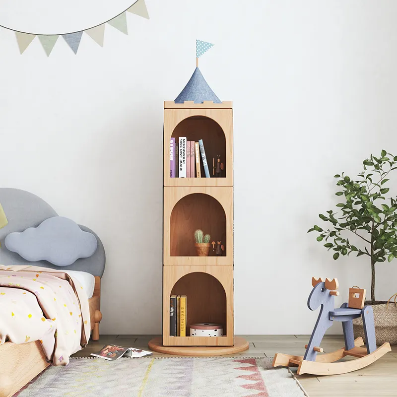 Rotatable Magnetic Doodle Board Solid Wood Castle Children Bookcase Kids Storage Cabinet Shelf