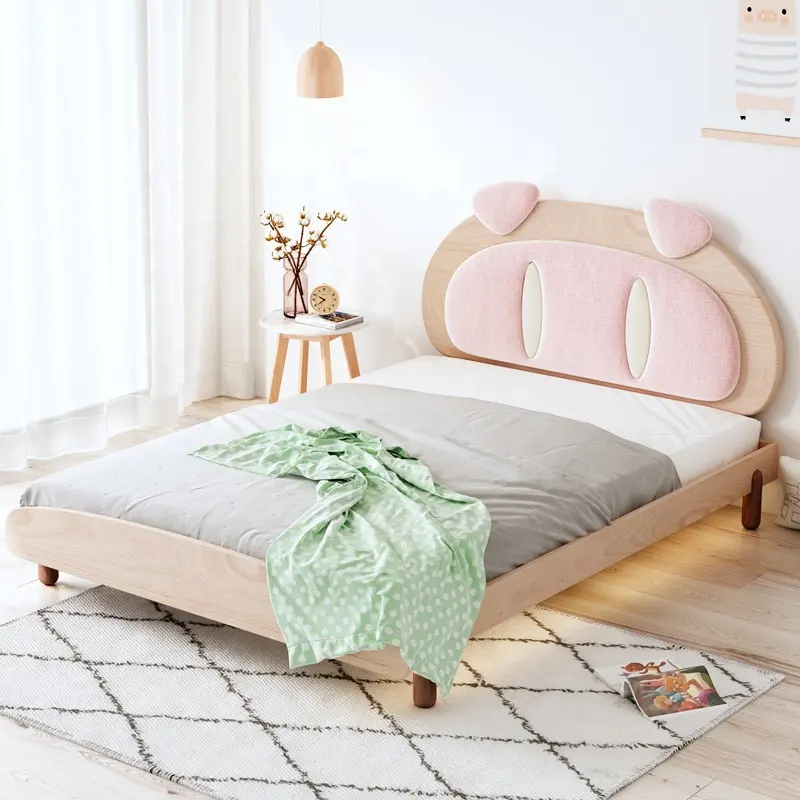 Modern Kids Furniture Funny Pig Cartoon Design Headboard Solid Wood Bed Kids House Bed Children