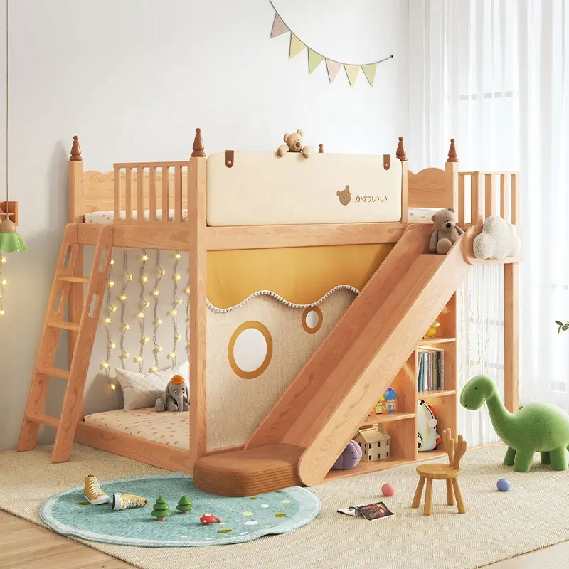 Wholesale wooden bunk bed with slide for kids' bedrooms, featuring double sleeping areas and built-in storage