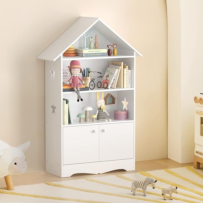 Kids Dollhouse Bookshelf, Large Wooden Kids Bookshelf and Toy Storage with Doors, 3-Tier Open Display Organizer and 1-Tier Hidden Storage