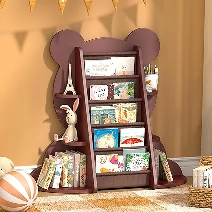 Kids Bookshelf for Kids Room Bear Toy Organizer Storage Toddler Montessori Bookshelves for Baby Children 5-Tier Wooden Bookcase