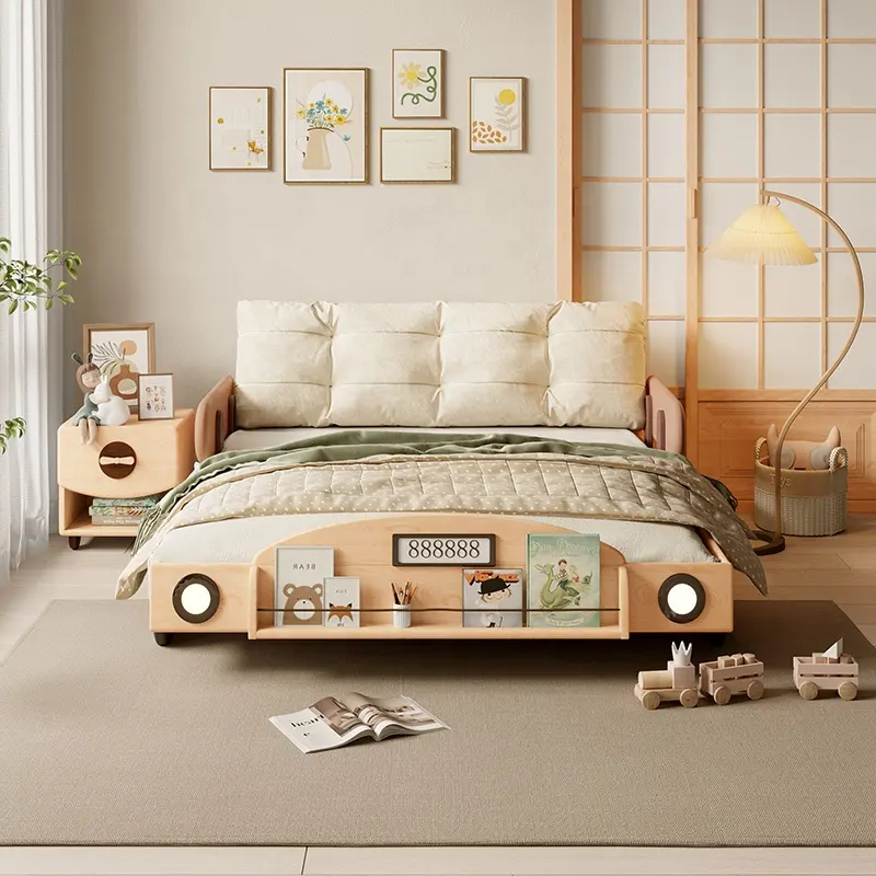 Children Bedroom Furniture Child Cot Rail LED Headlights Solid Wood Kids Car Bed